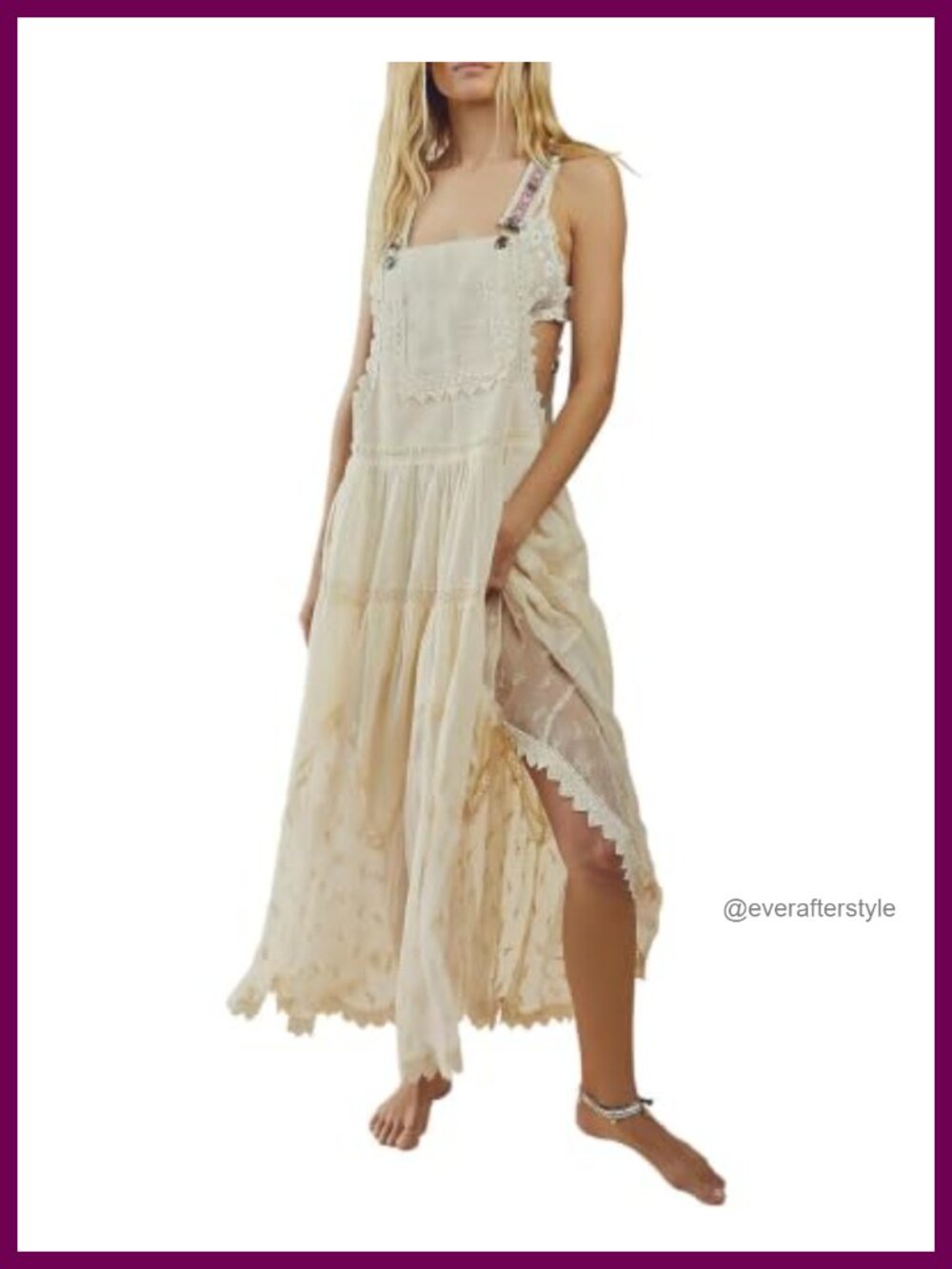 Women Casual Maxi Dress Polyester Lace Embroidered Tulle Bib Adjustable Straps